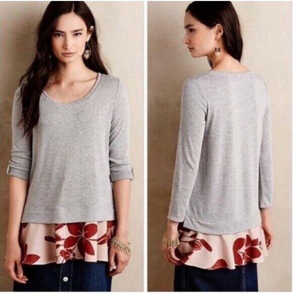 Anthropologie Little Yellow Button Mixed Media 3/4 Sleeve Scoop‎ Neck Top Small - Picture 1 of 8